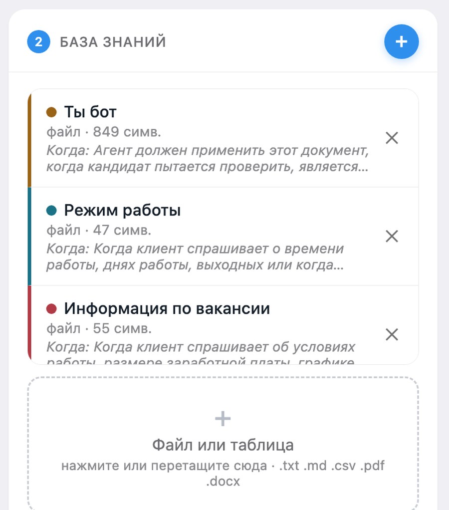 База знаний агента: загруженные документы с подсказкой, когда их применять